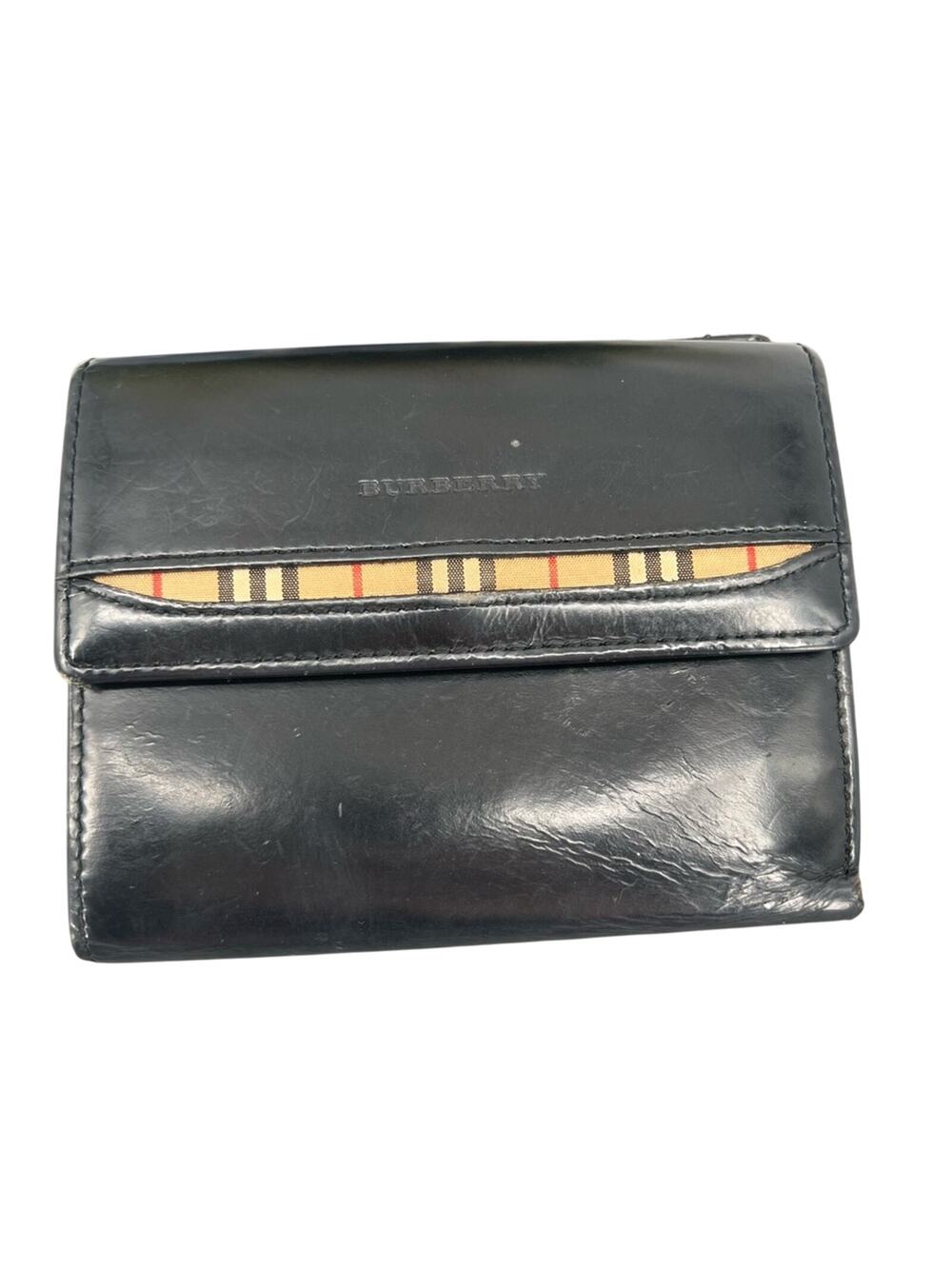 Burberry Dual Compartment Black Leather & Plaid Wallet